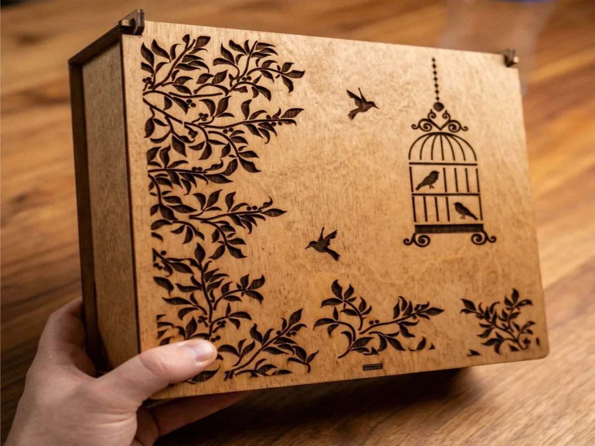 Caja de madera con grabado láser de ramas y una jaula con pájaros
