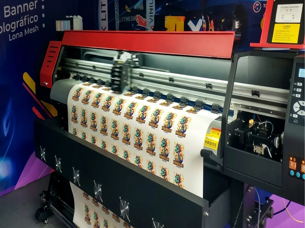 Impresora de gran formato imprimiendo calcomanías en vinil